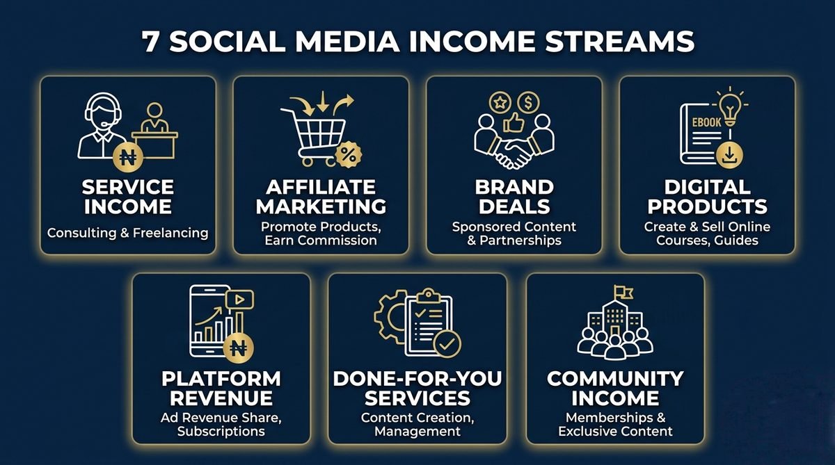 7 Social Media Income Streams infographic showing Service Income, Affiliate Marketing, Brand Deals, Digital Products, Platform Revenue, Done-For-You Services, and Community Income