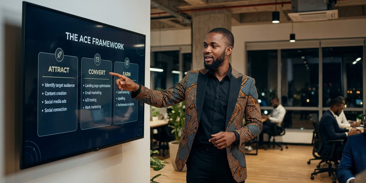 Digital marketing strategy board showing the ACE framework with Attract Convert Earn labels in a modern Lagos creative office