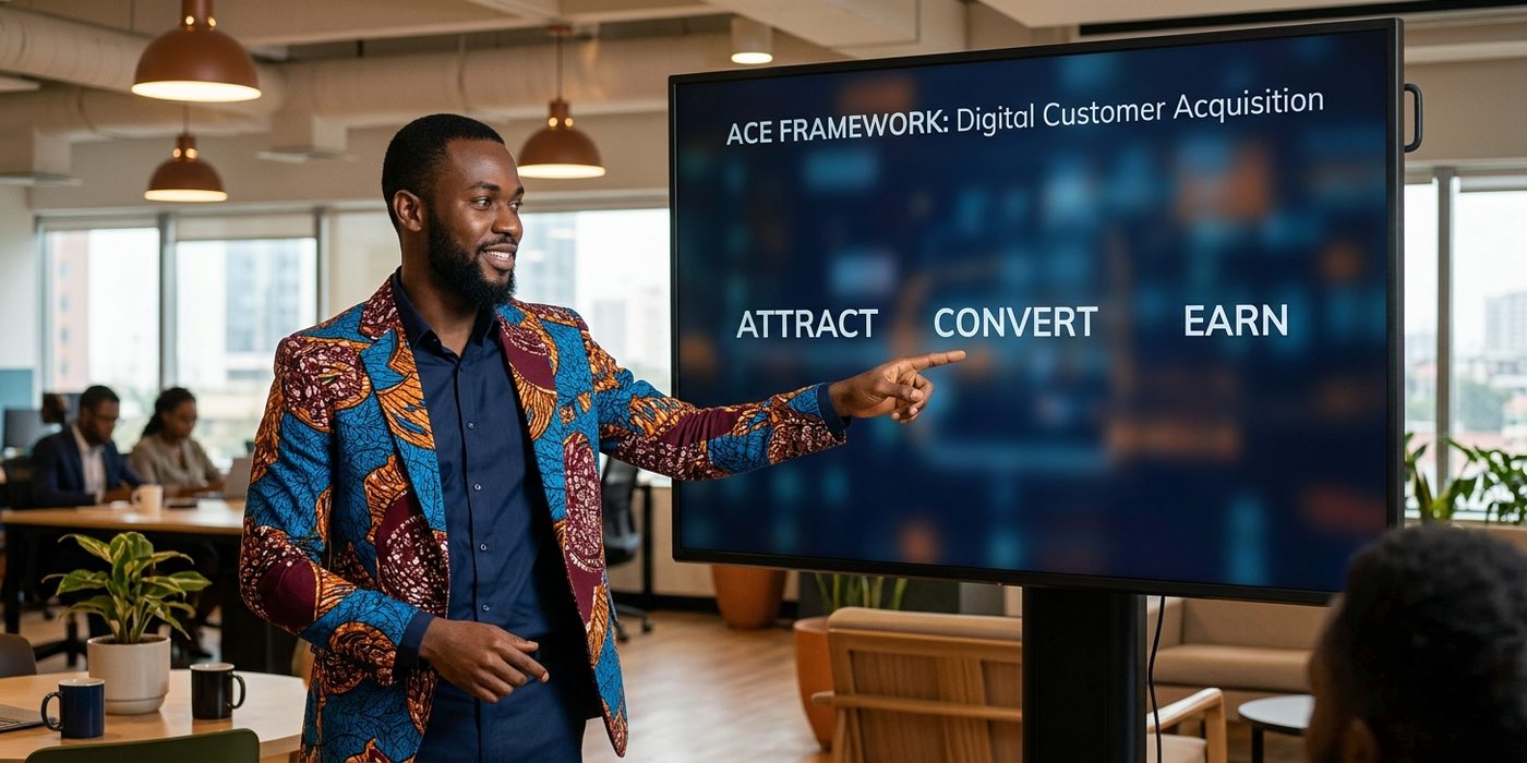 Nigerian digital marketing strategist presenting the ACE framework on a screen showing Attract Convert Earn steps in a modern Lagos office