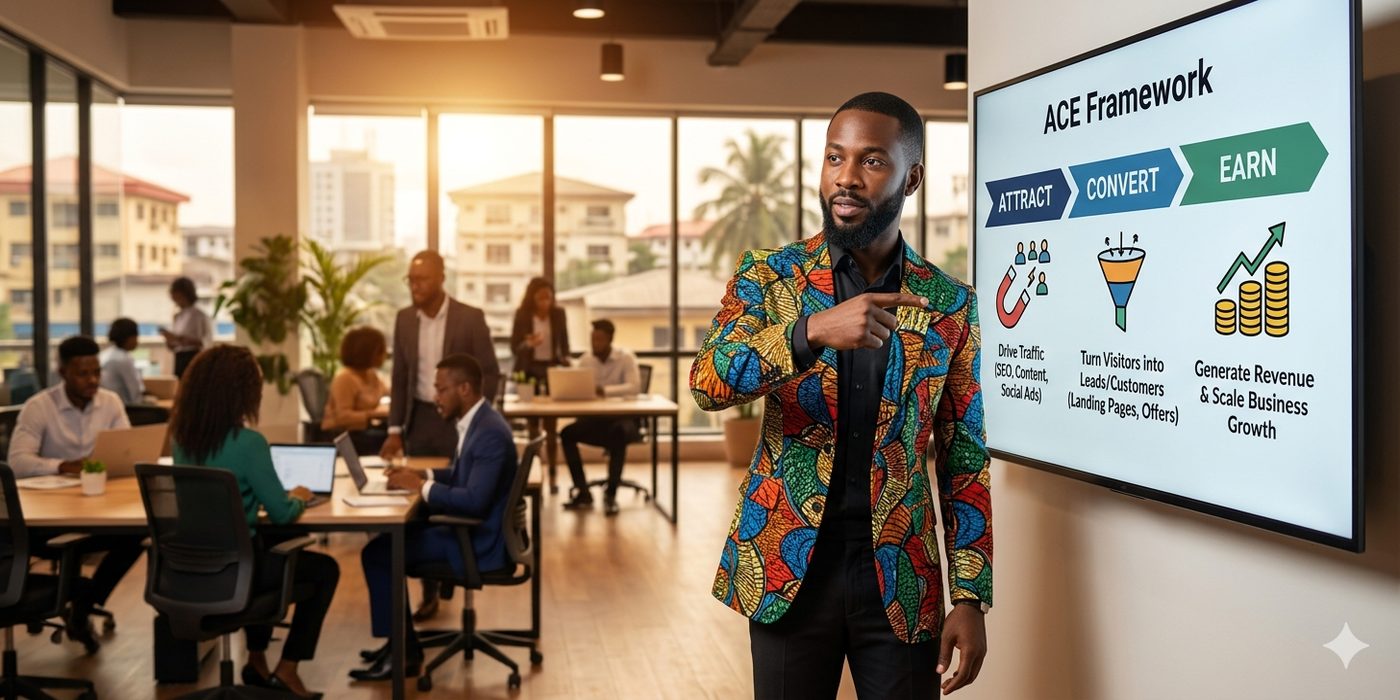 Nigerian digital strategist presenting the ACE framework for website traffic — Attract Convert Earn — on a screen in a professional Lagos co-working space