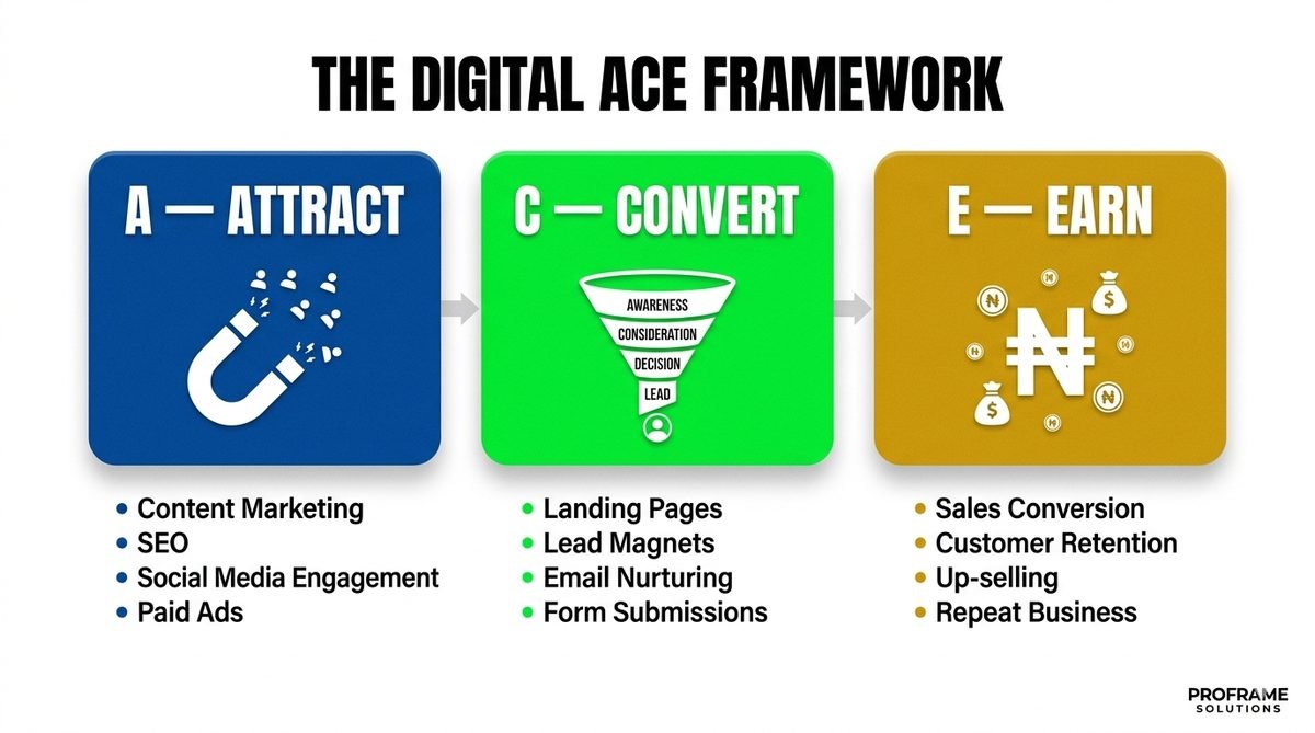The Digital ACE Framework showing three steps: A-Attract with content marketing and SEO, C-Convert with landing pages and lead magnets, E-Earn with sales conversion and repeat business