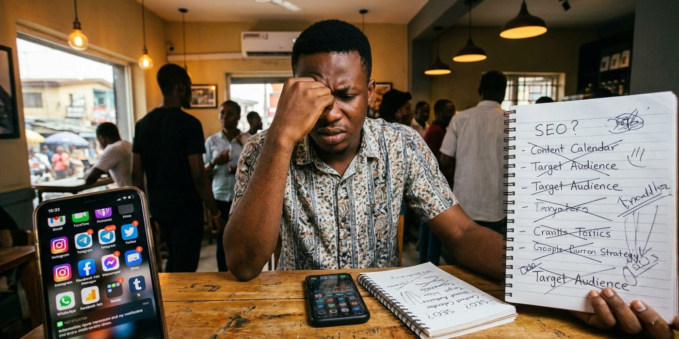 Nigerian entrepreneur looking confused while staring at multiple social media apps on a phone, overwhelmed by options in a Lagos cafe