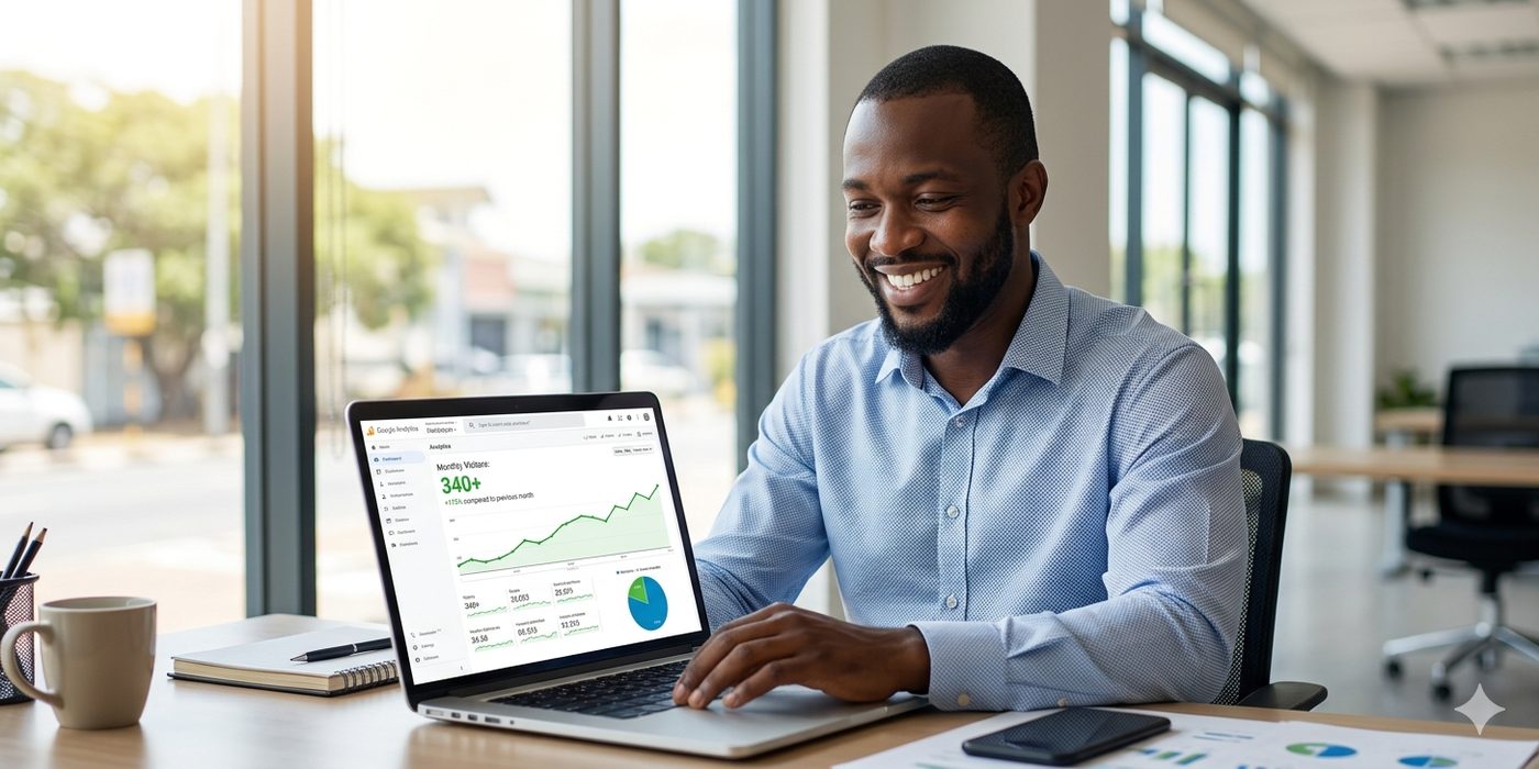 Nigerian male logistics business owner smiling while reviewing Google Analytics showing 340 monthly organic visitors on a laptop in his Lagos office