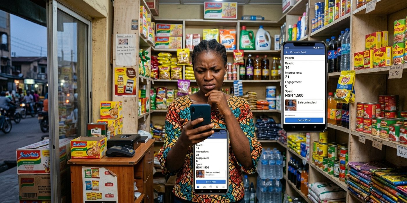 Nigerian small business owner staring at a phone showing low ad performance metrics in a Lagos shop