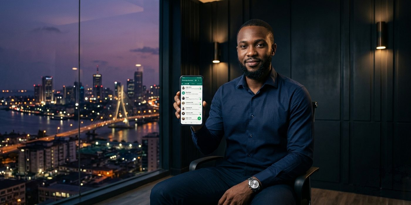 Nigerian entrepreneur confidently holding a phone showing a full WhatsApp order inbox with Lagos city lights visible through the office window behind them