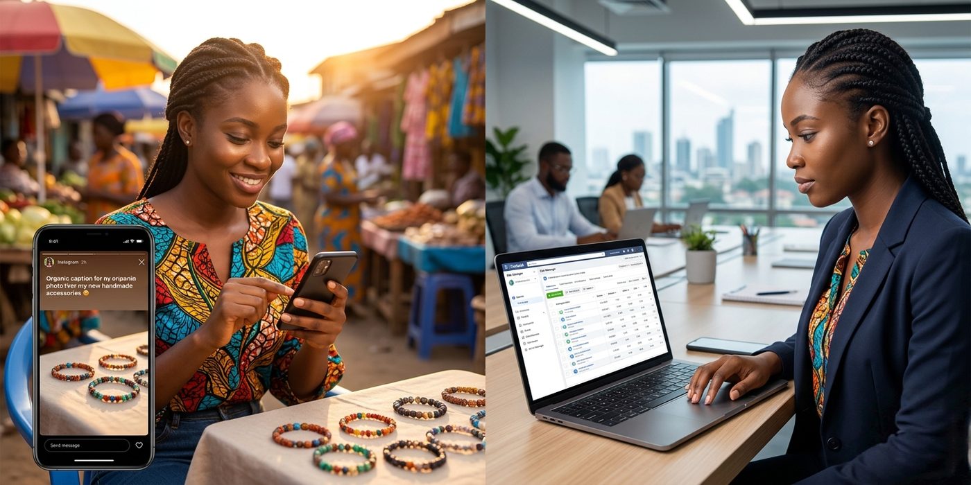 Split image showing a Nigerian entrepreneur posting organic content on Instagram on one side and reviewing a Facebook Ads Manager campaign on the other