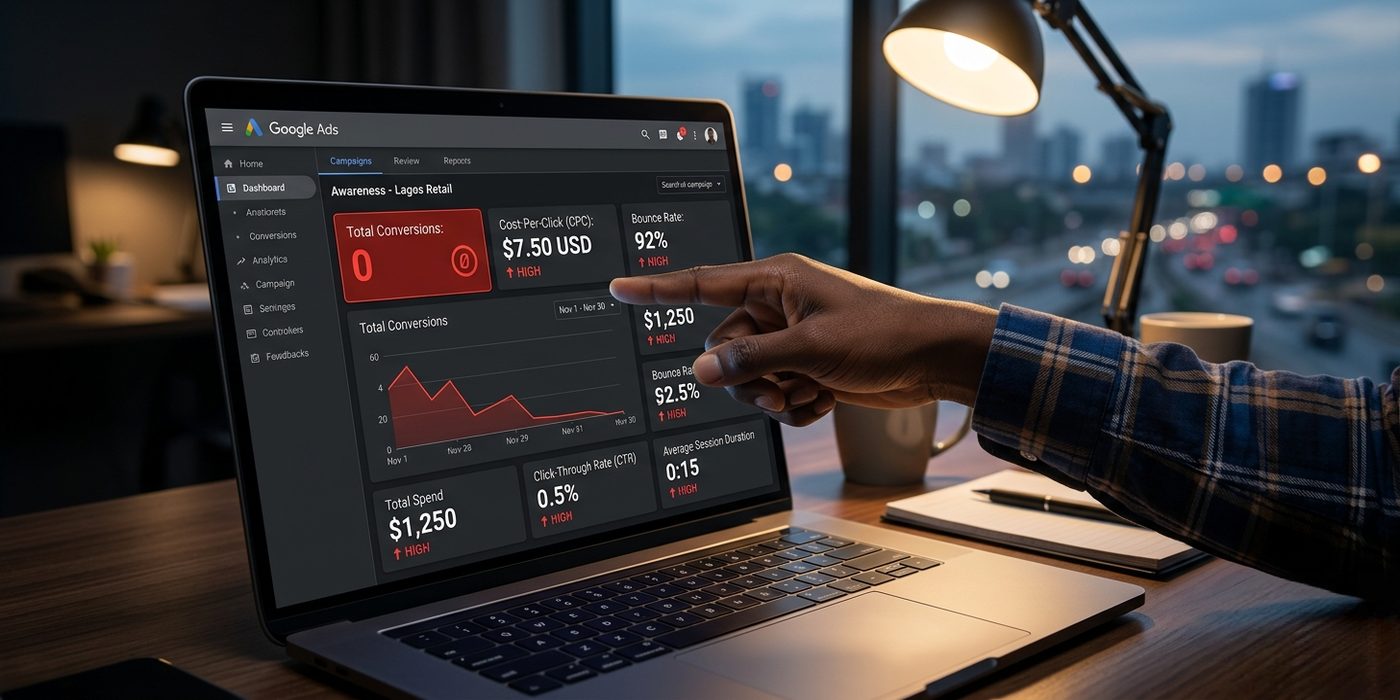 Google Ads dashboard on a laptop screen showing high cost-per-click with zero conversions for a Nigerian business campaign