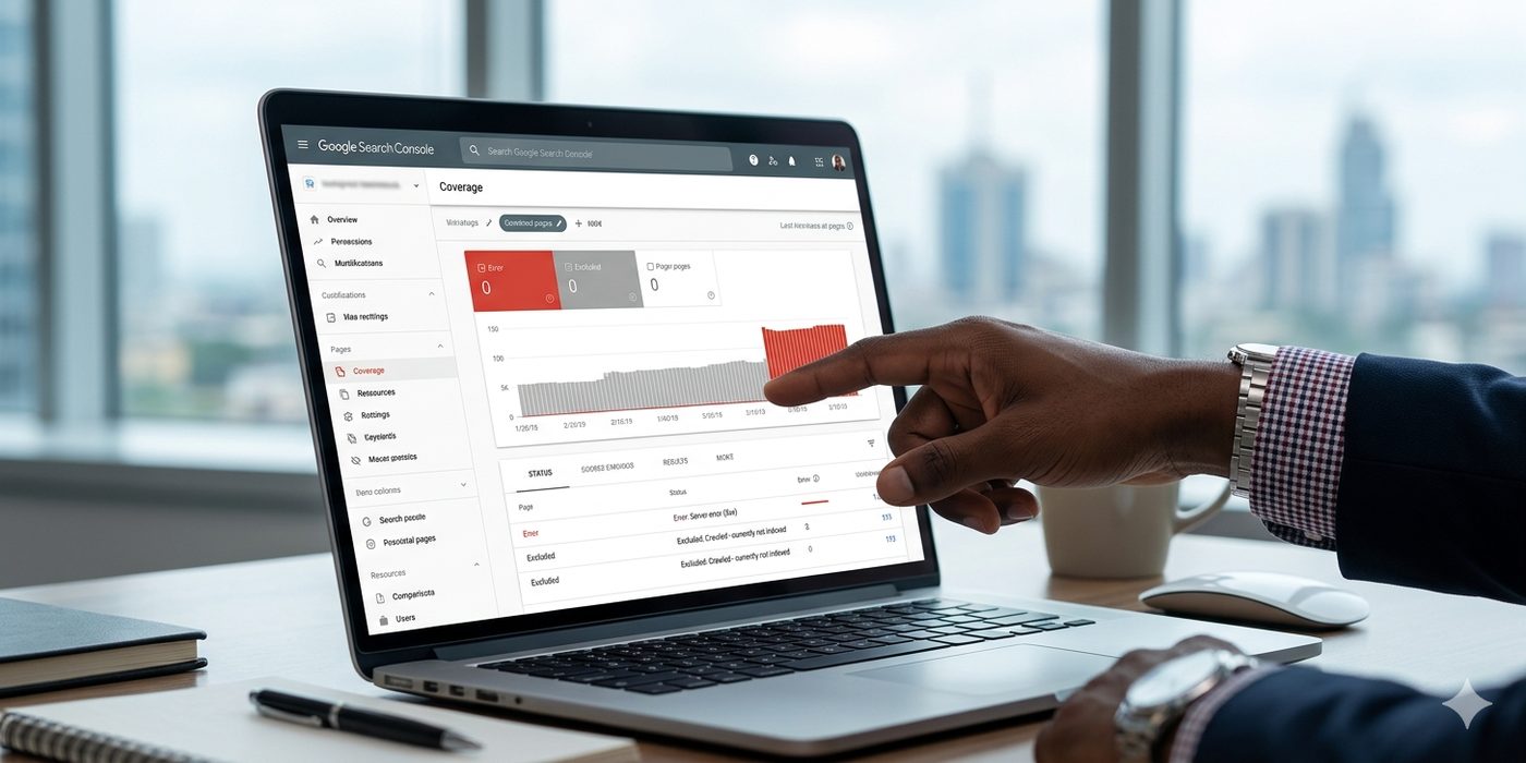 Google Search Console dashboard on a laptop showing zero impressions and clicks for a Nigerian business website — advanced SEO diagnosis in Lagos