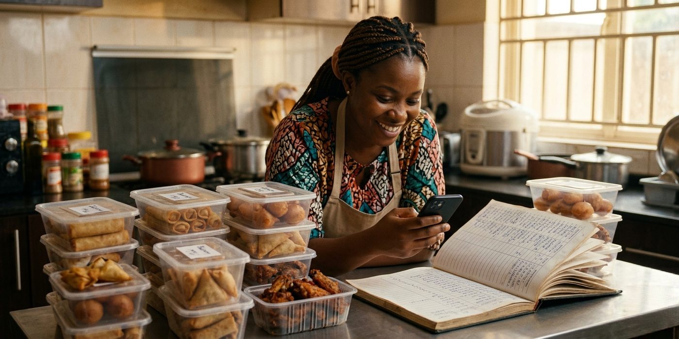 Nigerian female food business owner smiling while packaging small chops orders in her Lagos kitchen with a full order book visible on the table