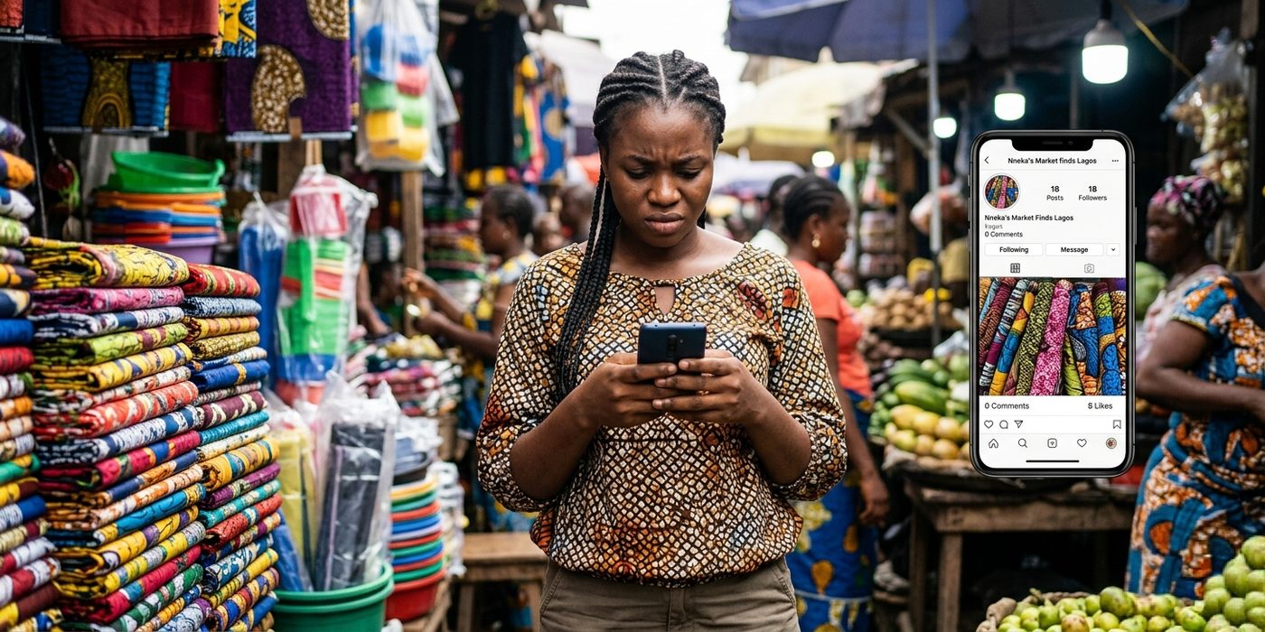 Nigerian small business owner looking frustrated at a phone showing low engagement on a business Instagram page in a Lagos market setting