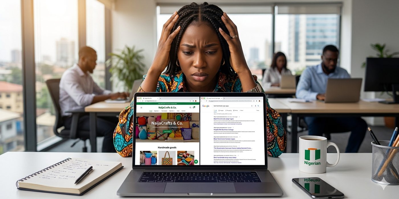 Nigerian business website showing on a laptop screen with Google search results showing no ranking — invisible to search engines in Lagos