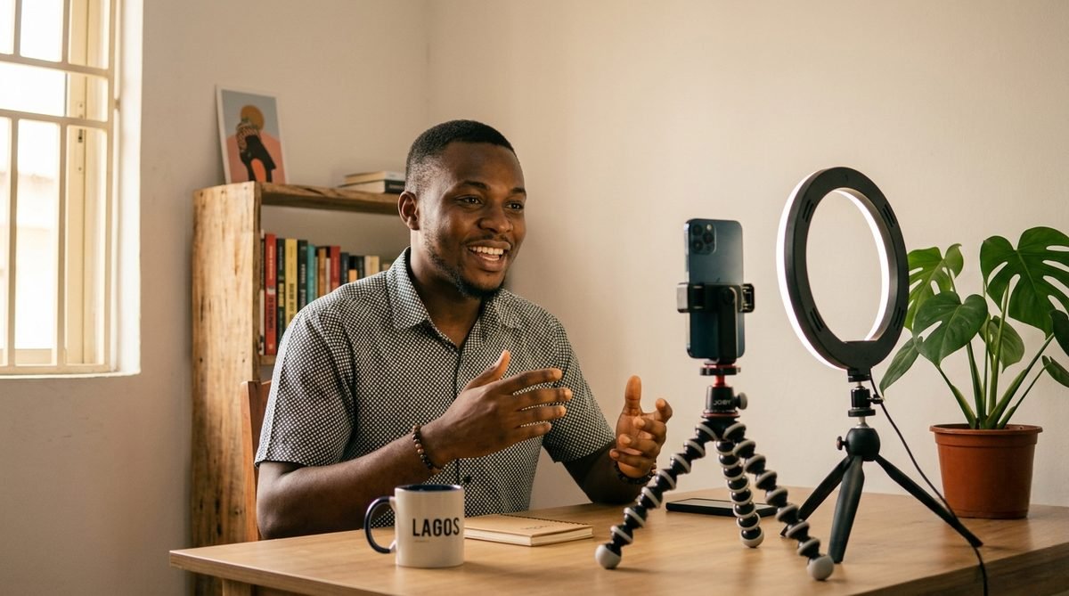 Young Nigerian male content creator recording video with smartphone on tripod and ring light in simple home studio setup in Lagos
