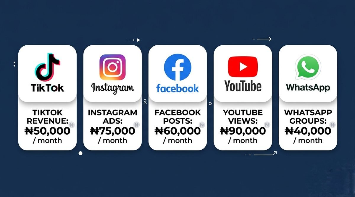 Platform comparison infographic showing TikTok, Instagram, Facebook, YouTube and WhatsApp monthly earning potential in Nigerian naira