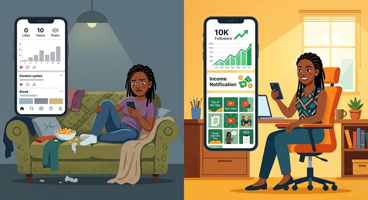 Split illustration showing frustrated Nigerian woman with zero social media engagement versus confident woman with 10K followers and income notifications