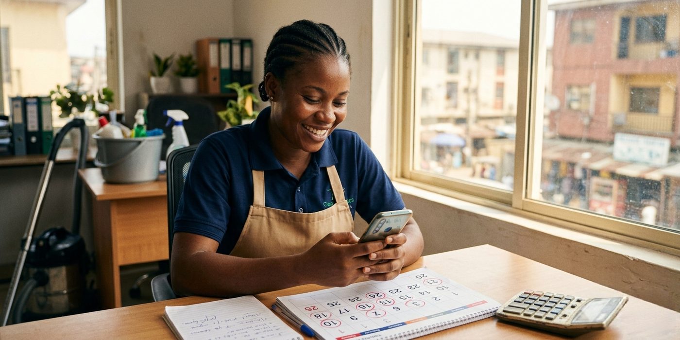 Nigerian female business owner smiling while reviewing positive WhatsApp enquiries on her phone in her Lagos cleaning service office