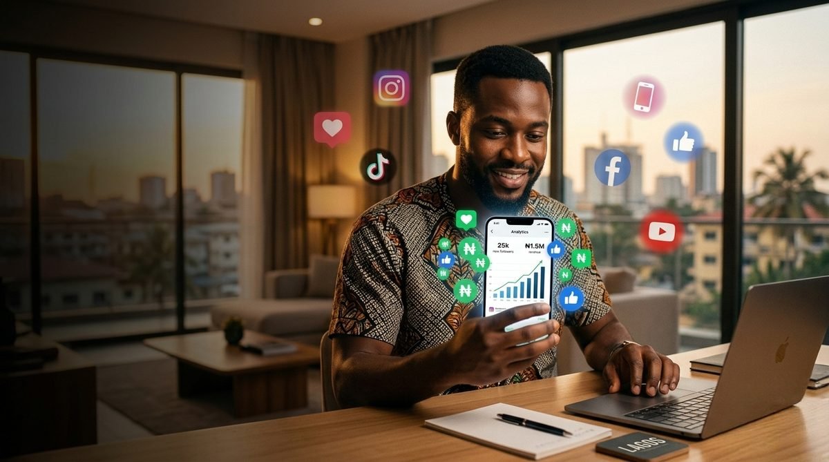 Nigerian man in Ankara shirt reviewing social media analytics on smartphone showing 25K new followers and N1.5M revenue with platform icons floating around him in Lagos apartment