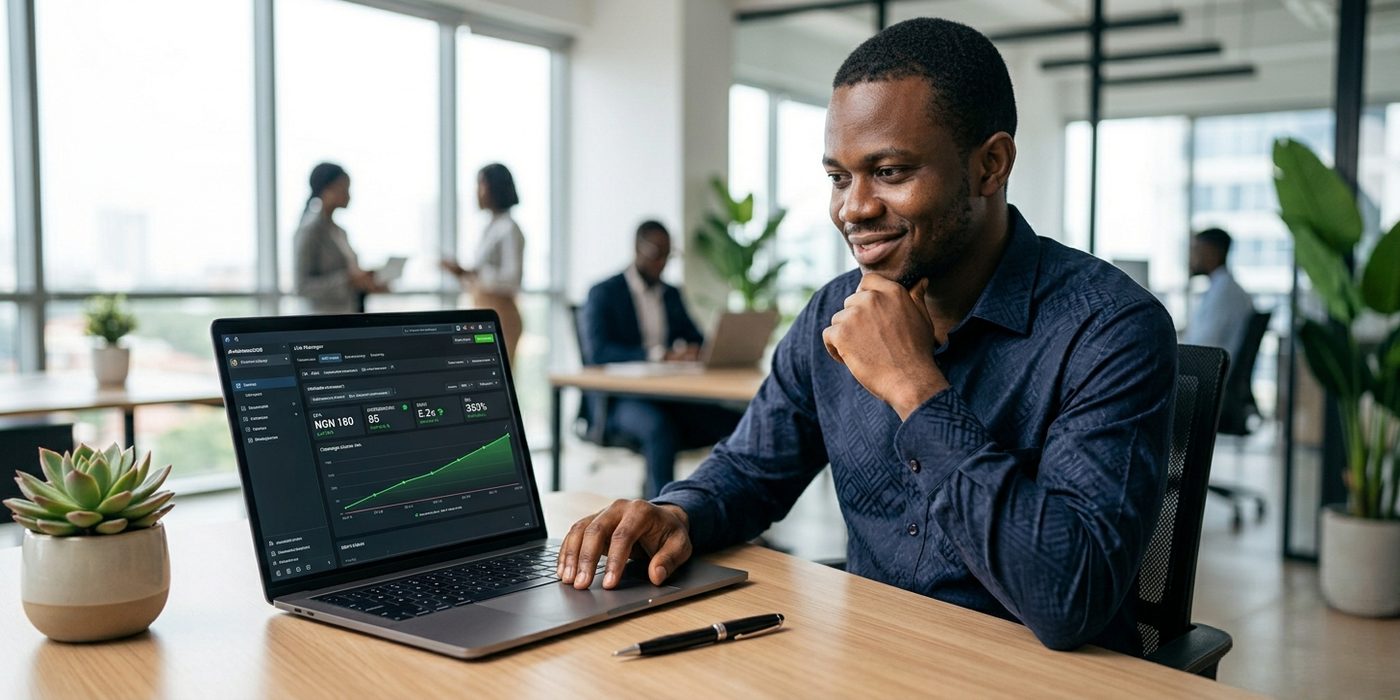 Nigerian male entrepreneur smiling while reviewing a successful Facebook Ads campaign dashboard showing green conversion metrics in a Lagos co-working space