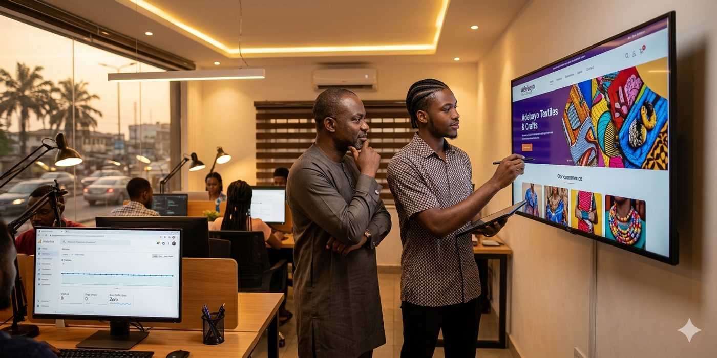 Nigerian web designer presenting a visually beautiful but SEO-empty website on a screen in a Lagos studio — looks good but ranks nowhere