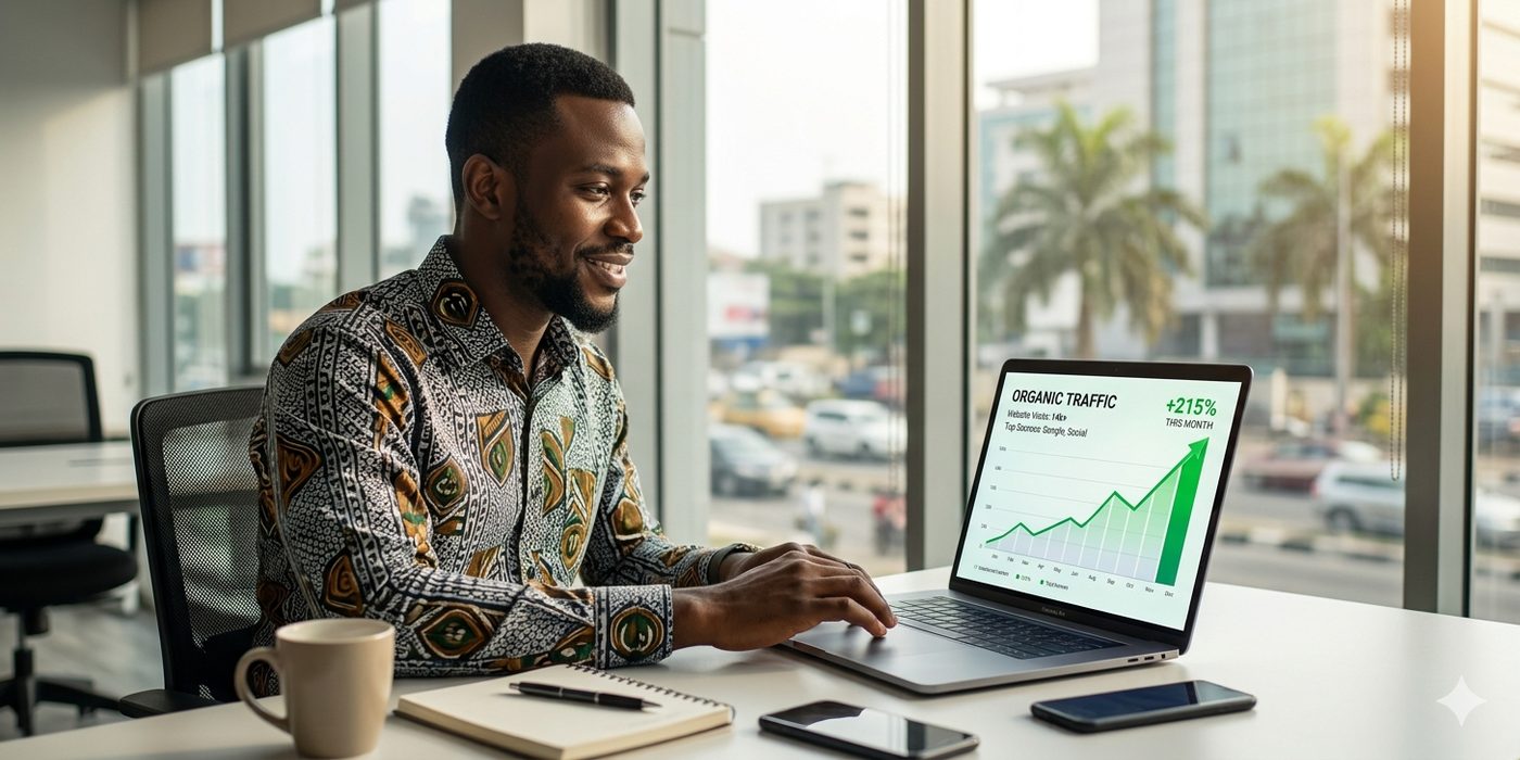 Nigerian entrepreneur reviewing a growing website traffic dashboard with confidence in a bright modern Lagos workspace — organic traffic from Google increasing month on month