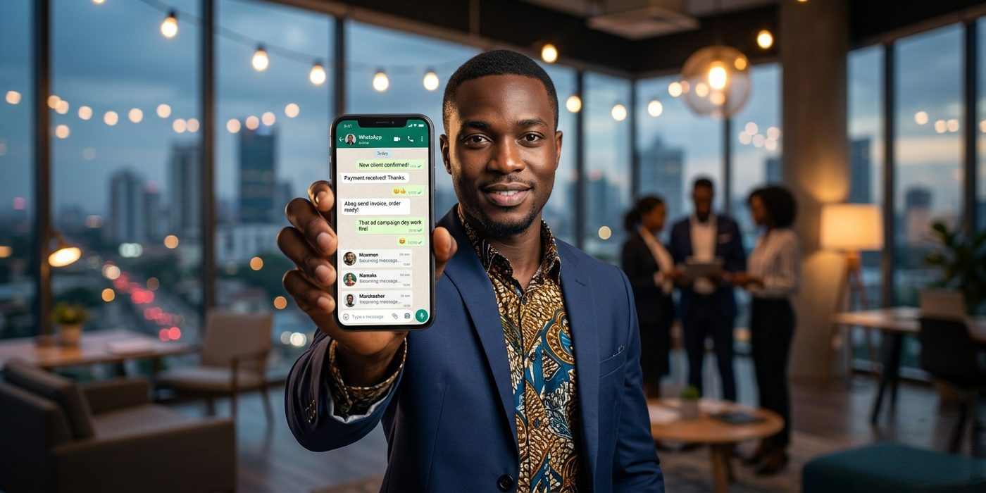 Nigerian entrepreneur showing a WhatsApp inbox full of client enquiries with the Lagos skyline behind him