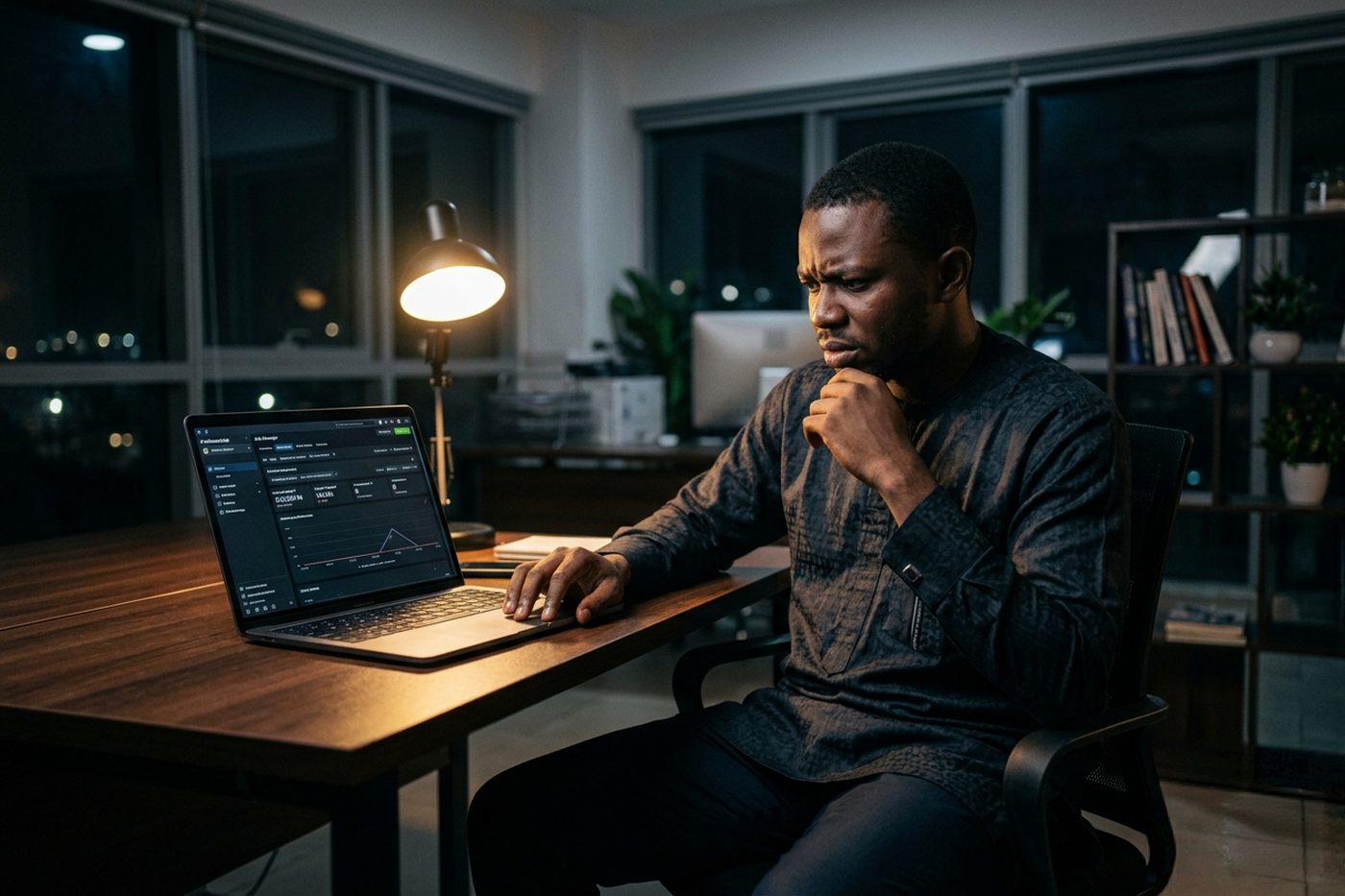 Nigerian entrepreneur reviewing a failing Facebook ad campaign on a laptop in a Lagos office at night