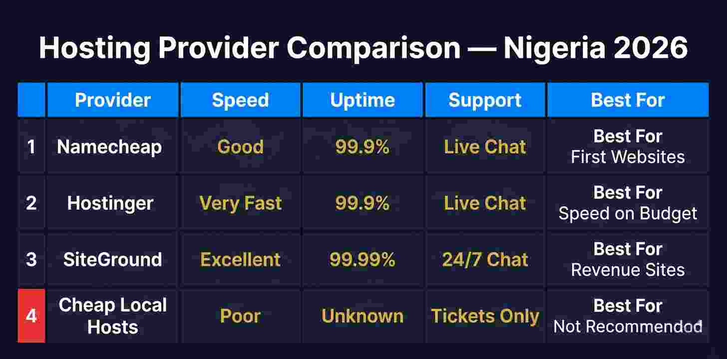 Comparison table of best web hosting providers for Nigerian businesses by speed, price and uptime