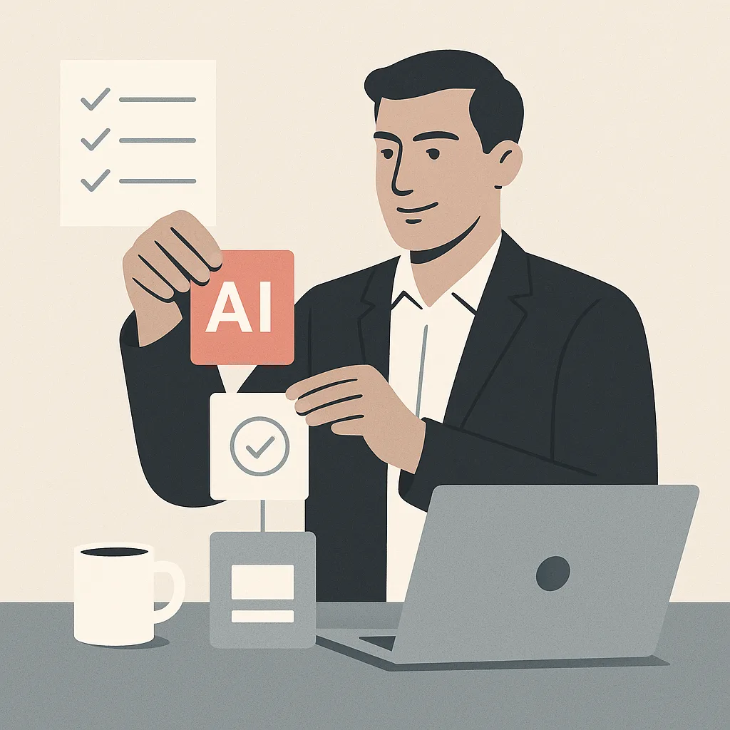 Business owner confidently assembling a lean AI stack with a checklist, laptop, and approved workflow cards