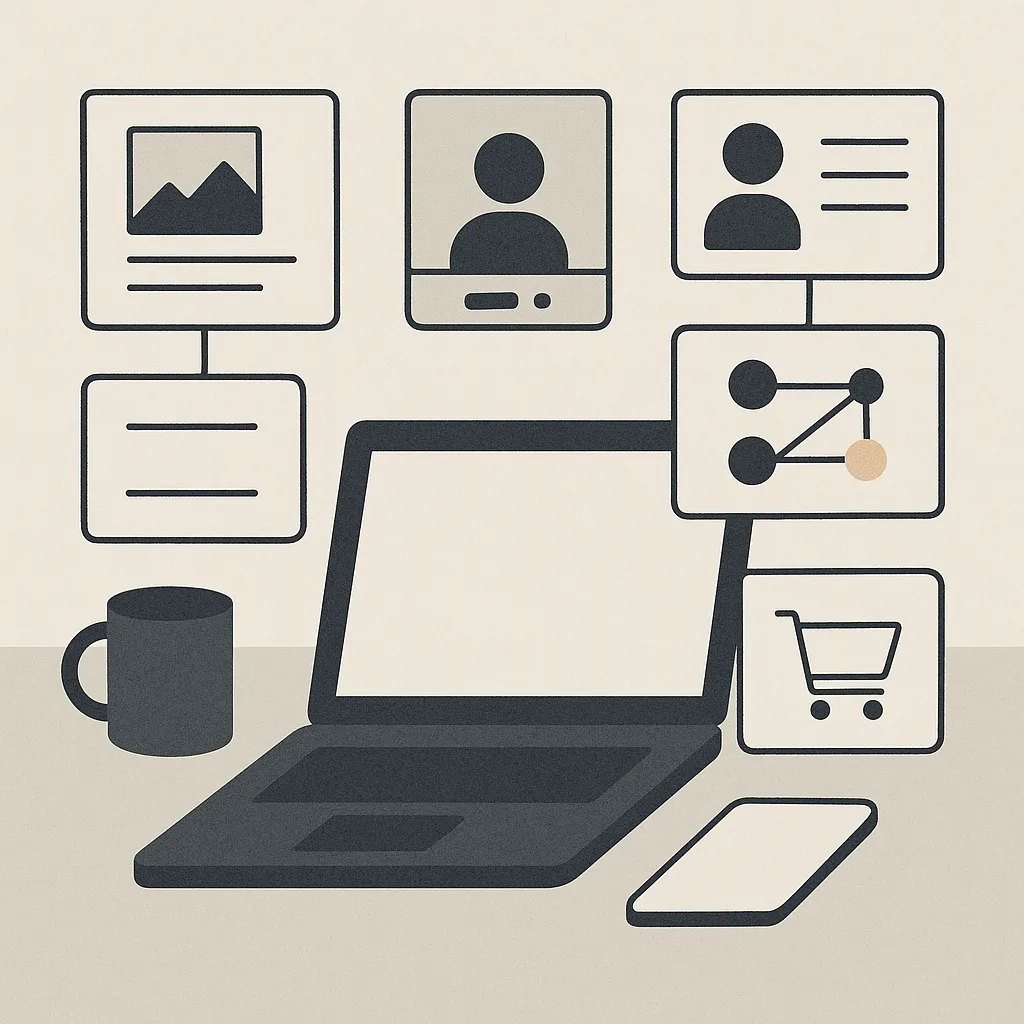 Curated toolkit layout of AI apps for marketing, sales, support, operations, and ecommerce on a clean desk