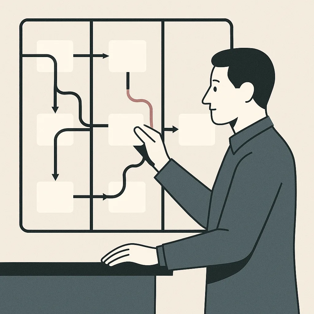Structured decision framework showing audit, contain, and expand stages across a business workflow board
