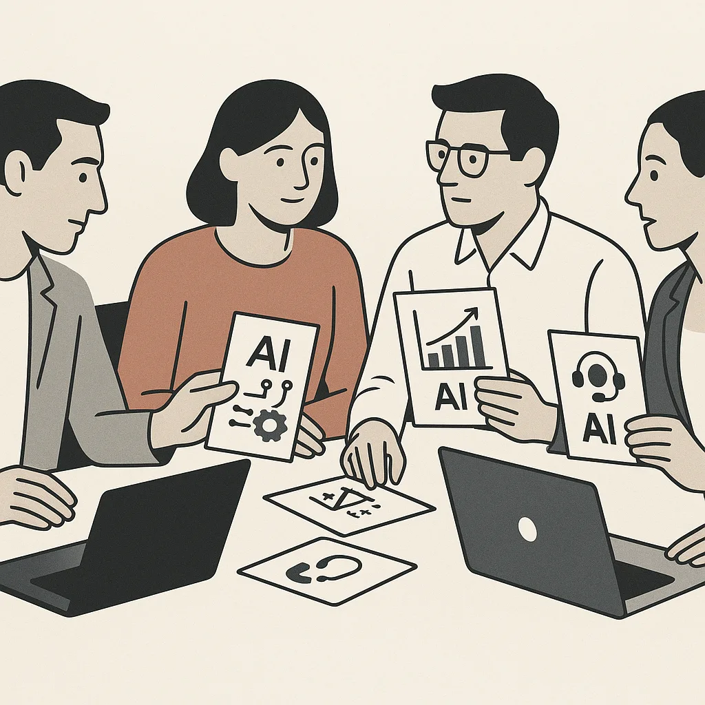 Business team evaluating AI tools across sales, support, operations, and marketing dashboards
