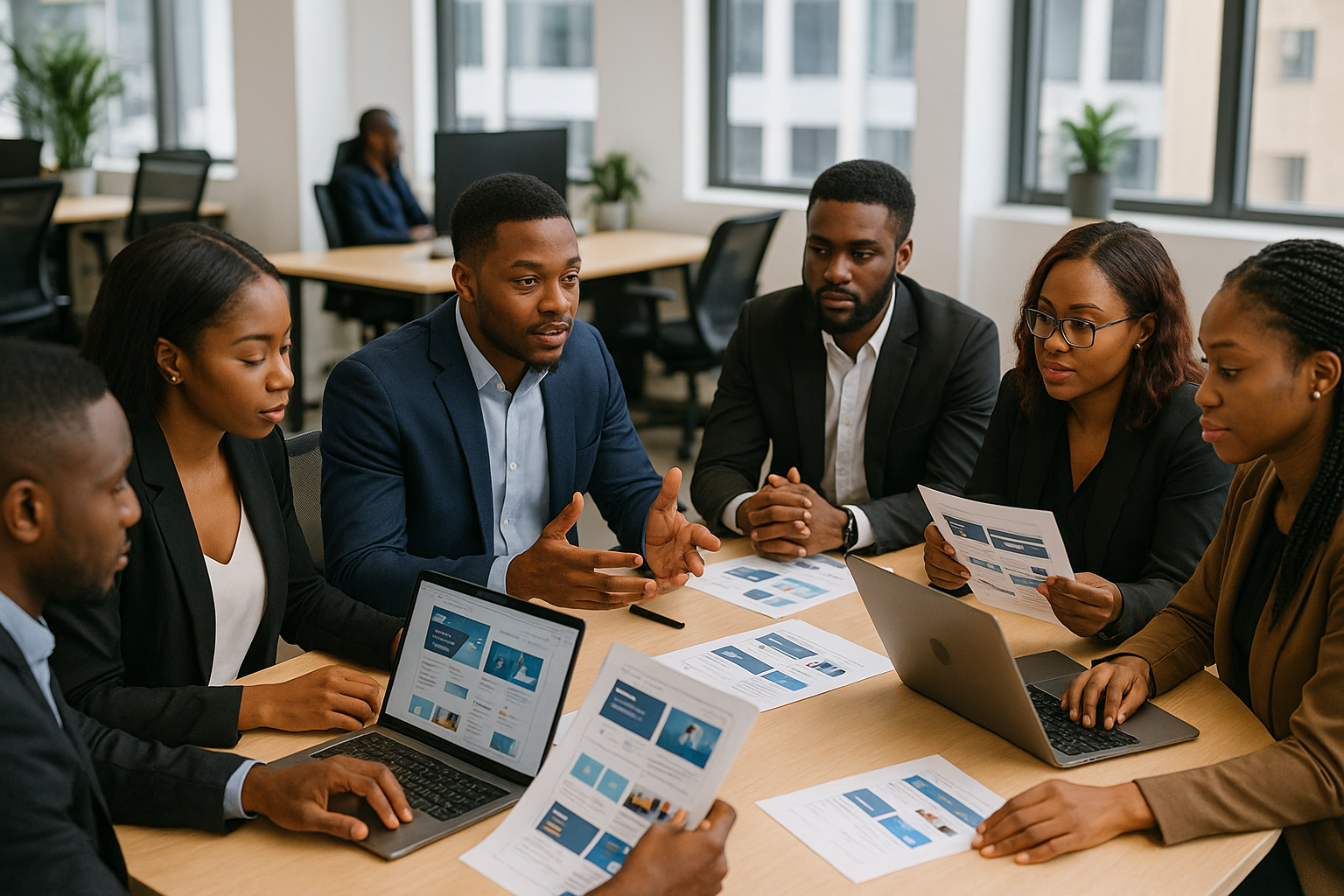 A Nigerian developer in a collared shirt having a professional video call on a laptop, home office background, natural light, engaged and confident expression, photorealistic