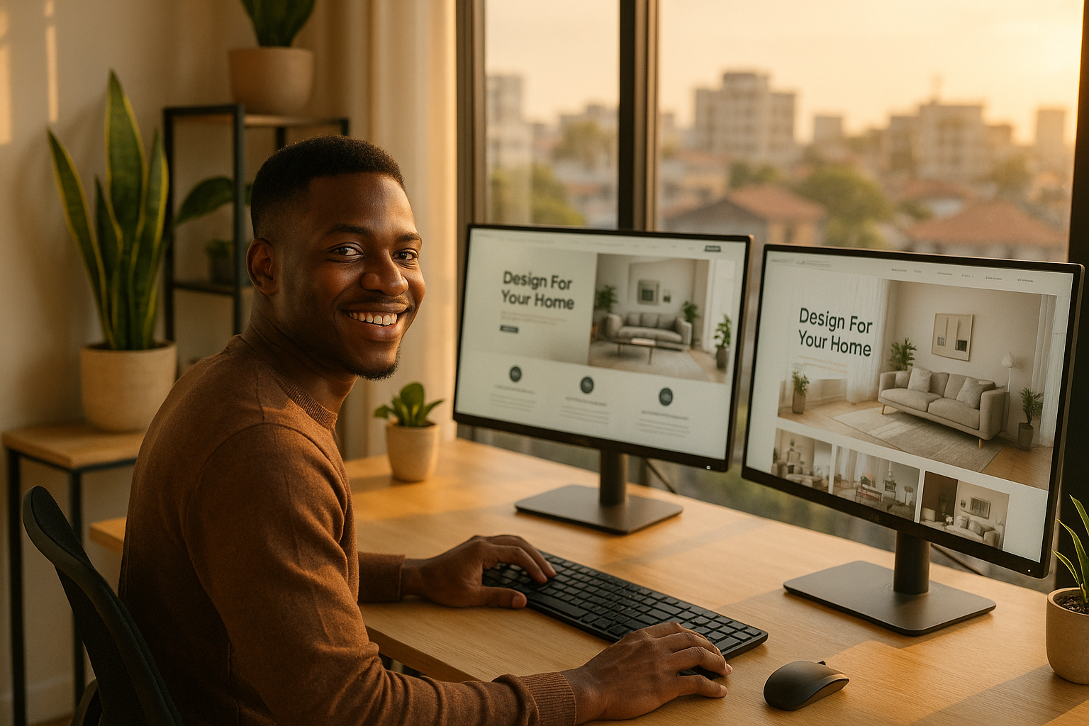 A confident Nigerian web developer presenting a finished website on a large monitor to a smiling client in a bright Lagos office, professional attire, handshake moment, photorealistic, warm natural light
