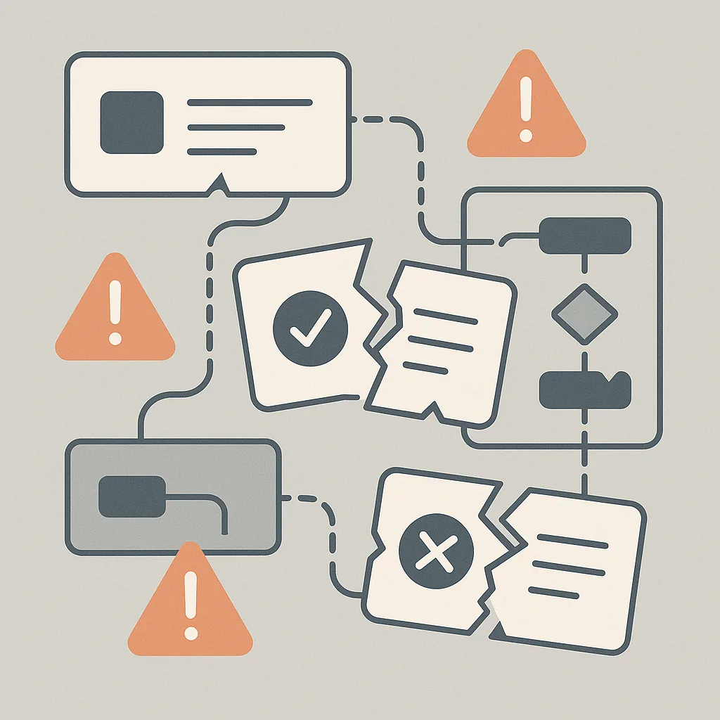 Five common AI adoption mistakes represented as broken workflow cards and warning icons on a tabletop
