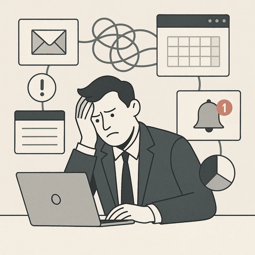 Overloaded operator juggling too many AI apps, alerts, and disconnected workflows at a desk