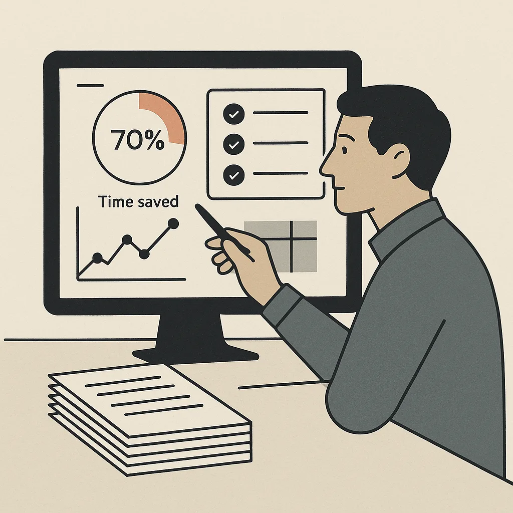 Analyst reviewing a business ROI dashboard with time savings charts, workflow metrics, and approval checkpoints