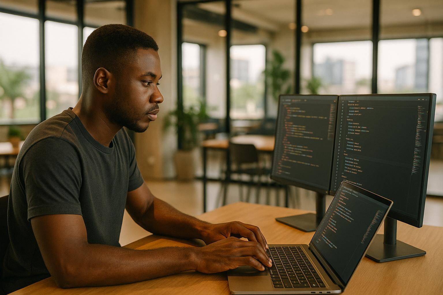 A young Nigerian man sitting at a laptop in a modern Lagos co-working space, coding a website, with dual monitors showing HTML and CSS code, natural daylight, photorealistic, professional