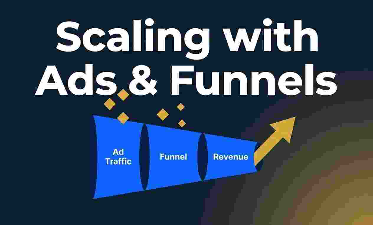 Scaling with ads and funnels Nigeria — a visual system showing paid ad traffic flowing through a structured sales funnel to revenue