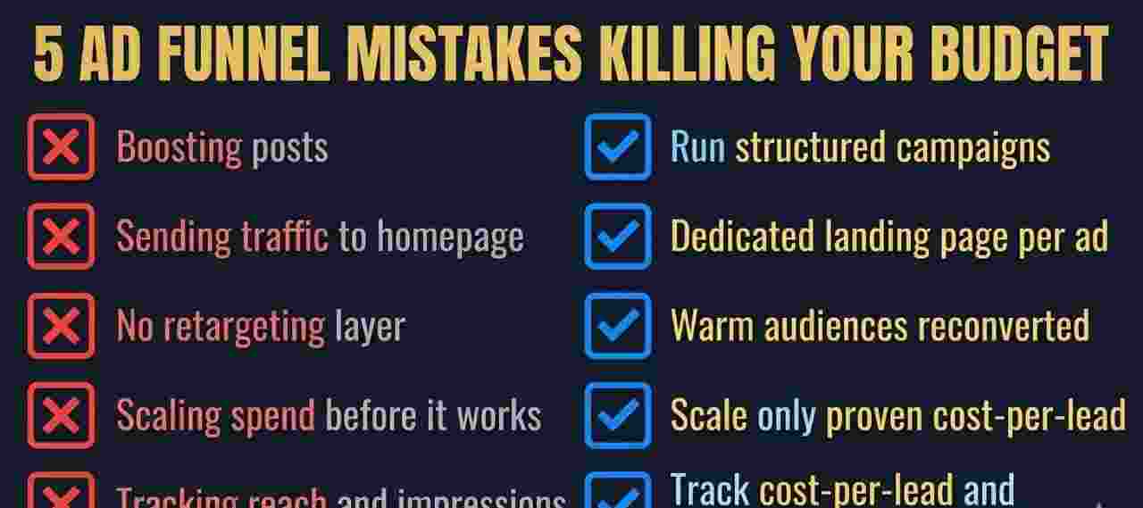 Checklist of five Nigerian ad funnel mistakes — boosting posts, sending traffic to homepage, no retargeting, scaling too fast, ignoring cost-per-result data